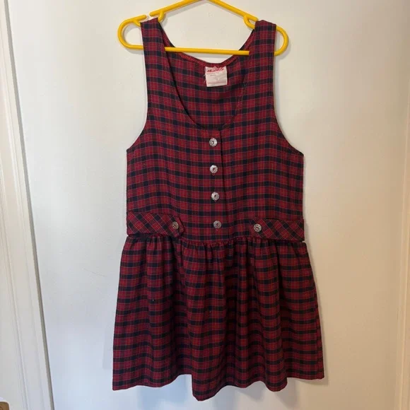 Vintage girls size 8 tartan plaid jumper overall dress buttons - Picture 2 of 9